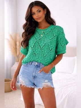 She + Sky Green Crochet Short Sleeve Knit Top